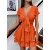 imagePRETTYGARDEN Women Summer Short Dress 2025 Casual V Neck Short Sleeve Tiered Bow Mini Sun Dresses Beach Vacation SundressOrange