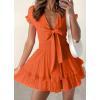 imagePRETTYGARDEN Women Summer Short Dress 2025 Casual V Neck Short Sleeve Tiered Bow Mini Sun Dresses Beach Vacation SundressOrange