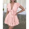 imagePRETTYGARDEN Women Summer Short Dress 2025 Casual V Neck Short Sleeve Tiered Bow Mini Sun Dresses Beach Vacation SundressPink
