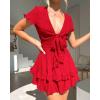 imagePRETTYGARDEN Women Summer Short Dress 2025 Casual V Neck Short Sleeve Tiered Bow Mini Sun Dresses Beach Vacation SundressRed