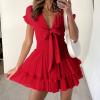 imagePRETTYGARDEN Women Summer Short Dress 2025 Casual V Neck Short Sleeve Tiered Bow Mini Sun Dresses Beach Vacation SundressRed