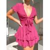 imagePRETTYGARDEN Women Summer Short Dress 2025 Casual V Neck Short Sleeve Tiered Bow Mini Sun Dresses Beach Vacation SundressRose Red