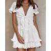 imagePRETTYGARDEN Women Summer Short Dress 2025 Casual V Neck Short Sleeve Tiered Bow Mini Sun Dresses Beach Vacation SundressWhite