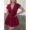 imagePRETTYGARDEN Women Summer Short Dress 2025 Casual V Neck Short Sleeve Tiered Bow Mini Sun Dresses Beach Vacation SundressWine Red