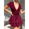 imagePRETTYGARDEN Women Summer Short Dress 2025 Casual V Neck Short Sleeve Tiered Bow Mini Sun Dresses Beach Vacation SundressWine Red