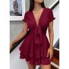 imagePRETTYGARDEN Women Summer Short Dress 2025 Casual V Neck Short Sleeve Tiered Bow Mini Sun Dresses Beach Vacation SundressWine Red