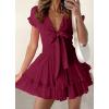 imagePRETTYGARDEN Women Summer Short Dress 2025 Casual V Neck Short Sleeve Tiered Bow Mini Sun Dresses Beach Vacation SundressWine Red