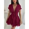 imagePRETTYGARDEN Women Summer Short Dress 2025 Casual V Neck Short Sleeve Tiered Bow Mini Sun Dresses Beach Vacation SundressWine Red