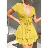 imagePRETTYGARDEN Women Summer Short Dress 2025 Casual V Neck Short Sleeve Tiered Bow Mini Sun Dresses Beach Vacation SundressYellow