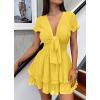 imagePRETTYGARDEN Women Summer Short Dress 2025 Casual V Neck Short Sleeve Tiered Bow Mini Sun Dresses Beach Vacation SundressYellow