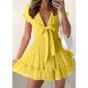 imagePRETTYGARDEN Women Summer Short Dress 2025 Casual V Neck Short Sleeve Tiered Bow Mini Sun Dresses Beach Vacation SundressYellow