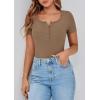 imagePRETTYGARDEN Womens 2025 Fall Summer Short Sleeve Tops Ribbed Henley Button Slim Fit Basic Casual T Shirts Blouse ClothingLight Brown