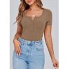 imagePRETTYGARDEN Womens 2025 Fall Summer Short Sleeve Tops Ribbed Henley Button Slim Fit Basic Casual T Shirts Blouse ClothingLight Brown