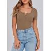 imagePRETTYGARDEN Womens 2025 Fall Summer Short Sleeve Tops Ribbed Henley Button Slim Fit Basic Casual T Shirts Blouse ClothingLight Brown