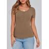 imagePRETTYGARDEN Womens 2025 Fall Summer Short Sleeve Tops Ribbed Henley Button Slim Fit Basic Casual T Shirts Blouse ClothingLight Brown