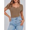 imagePRETTYGARDEN Womens 2025 Fall Summer Short Sleeve Tops Ribbed Henley Button Slim Fit Basic Casual T Shirts Blouse ClothingLight Brown