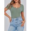 imagePRETTYGARDEN Womens 2025 Fall Summer Short Sleeve Tops Ribbed Henley Button Slim Fit Basic Casual T Shirts Blouse ClothingLight Green
