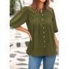 imagePRETTYGARDEN Womens 2025 Summer Short Lantern Sleeve Tops Loose Fit Button Down Shirt Pleated V Neck Blouses Trendy ClothesArmy Green