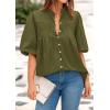 imagePRETTYGARDEN Womens 2025 Summer Short Lantern Sleeve Tops Loose Fit Button Down Shirt Pleated V Neck Blouses Trendy ClothesArmy Green
