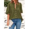 imagePRETTYGARDEN Womens 2025 Summer Short Lantern Sleeve Tops Loose Fit Button Down Shirt Pleated V Neck Blouses Trendy ClothesArmy Green