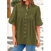 imagePRETTYGARDEN Womens 2025 Summer Short Lantern Sleeve Tops Loose Fit Button Down Shirt Pleated V Neck Blouses Trendy ClothesArmy Green