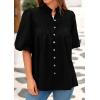 imagePRETTYGARDEN Womens 2025 Summer Short Lantern Sleeve Tops Loose Fit Button Down Shirt Pleated V Neck Blouses Trendy ClothesBlack