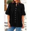imagePRETTYGARDEN Womens 2025 Summer Short Lantern Sleeve Tops Loose Fit Button Down Shirt Pleated V Neck Blouses Trendy ClothesBlack
