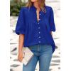 imagePRETTYGARDEN Womens 2025 Summer Short Lantern Sleeve Tops Loose Fit Button Down Shirt Pleated V Neck Blouses Trendy ClothesBlue