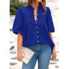 imagePRETTYGARDEN Womens 2025 Summer Short Lantern Sleeve Tops Loose Fit Button Down Shirt Pleated V Neck Blouses Trendy ClothesBlue