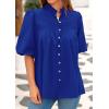 imagePRETTYGARDEN Womens 2025 Summer Short Lantern Sleeve Tops Loose Fit Button Down Shirt Pleated V Neck Blouses Trendy ClothesBlue