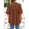 imagePRETTYGARDEN Womens 2025 Summer Short Lantern Sleeve Tops Loose Fit Button Down Shirt Pleated V Neck Blouses Trendy ClothesBrown