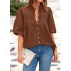 imagePRETTYGARDEN Womens 2025 Summer Short Lantern Sleeve Tops Loose Fit Button Down Shirt Pleated V Neck Blouses Trendy ClothesBrown
