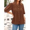 imagePRETTYGARDEN Womens 2025 Summer Short Lantern Sleeve Tops Loose Fit Button Down Shirt Pleated V Neck Blouses Trendy ClothesBrown