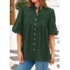 imagePRETTYGARDEN Womens 2025 Summer Short Lantern Sleeve Tops Loose Fit Button Down Shirt Pleated V Neck Blouses Trendy ClothesDark Green
