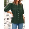 imagePRETTYGARDEN Womens 2025 Summer Short Lantern Sleeve Tops Loose Fit Button Down Shirt Pleated V Neck Blouses Trendy ClothesDark Green