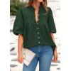 imagePRETTYGARDEN Womens 2025 Summer Short Lantern Sleeve Tops Loose Fit Button Down Shirt Pleated V Neck Blouses Trendy ClothesDark Green