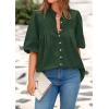 imagePRETTYGARDEN Womens 2025 Summer Short Lantern Sleeve Tops Loose Fit Button Down Shirt Pleated V Neck Blouses Trendy ClothesDark Green