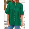 imagePRETTYGARDEN Womens 2025 Summer Short Lantern Sleeve Tops Loose Fit Button Down Shirt Pleated V Neck Blouses Trendy ClothesGreen