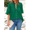 imagePRETTYGARDEN Womens 2025 Summer Short Lantern Sleeve Tops Loose Fit Button Down Shirt Pleated V Neck Blouses Trendy ClothesGreen