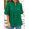 imagePRETTYGARDEN Womens 2025 Summer Short Lantern Sleeve Tops Loose Fit Button Down Shirt Pleated V Neck Blouses Trendy ClothesGreen