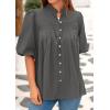 imagePRETTYGARDEN Womens 2025 Summer Short Lantern Sleeve Tops Loose Fit Button Down Shirt Pleated V Neck Blouses Trendy ClothesGrey
