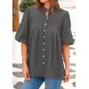 imagePRETTYGARDEN Womens 2025 Summer Short Lantern Sleeve Tops Loose Fit Button Down Shirt Pleated V Neck Blouses Trendy ClothesGrey