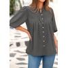 imagePRETTYGARDEN Womens 2025 Summer Short Lantern Sleeve Tops Loose Fit Button Down Shirt Pleated V Neck Blouses Trendy ClothesGrey