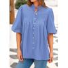 imagePRETTYGARDEN Womens 2025 Summer Short Lantern Sleeve Tops Loose Fit Button Down Shirt Pleated V Neck Blouses Trendy ClothesLight Blue