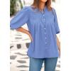 imagePRETTYGARDEN Womens 2025 Summer Short Lantern Sleeve Tops Loose Fit Button Down Shirt Pleated V Neck Blouses Trendy ClothesLight Blue