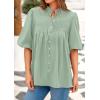 imagePRETTYGARDEN Womens 2025 Summer Short Lantern Sleeve Tops Loose Fit Button Down Shirt Pleated V Neck Blouses Trendy ClothesLight Green