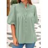imagePRETTYGARDEN Womens 2025 Summer Short Lantern Sleeve Tops Loose Fit Button Down Shirt Pleated V Neck Blouses Trendy ClothesLight Green