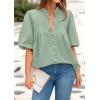imagePRETTYGARDEN Womens 2025 Summer Short Lantern Sleeve Tops Loose Fit Button Down Shirt Pleated V Neck Blouses Trendy ClothesLight Green
