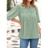 imagePRETTYGARDEN Womens 2025 Summer Short Lantern Sleeve Tops Loose Fit Button Down Shirt Pleated V Neck Blouses Trendy ClothesLight Green