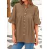 imagePRETTYGARDEN Womens 2025 Summer Short Lantern Sleeve Tops Loose Fit Button Down Shirt Pleated V Neck Blouses Trendy ClothesLight Khaki